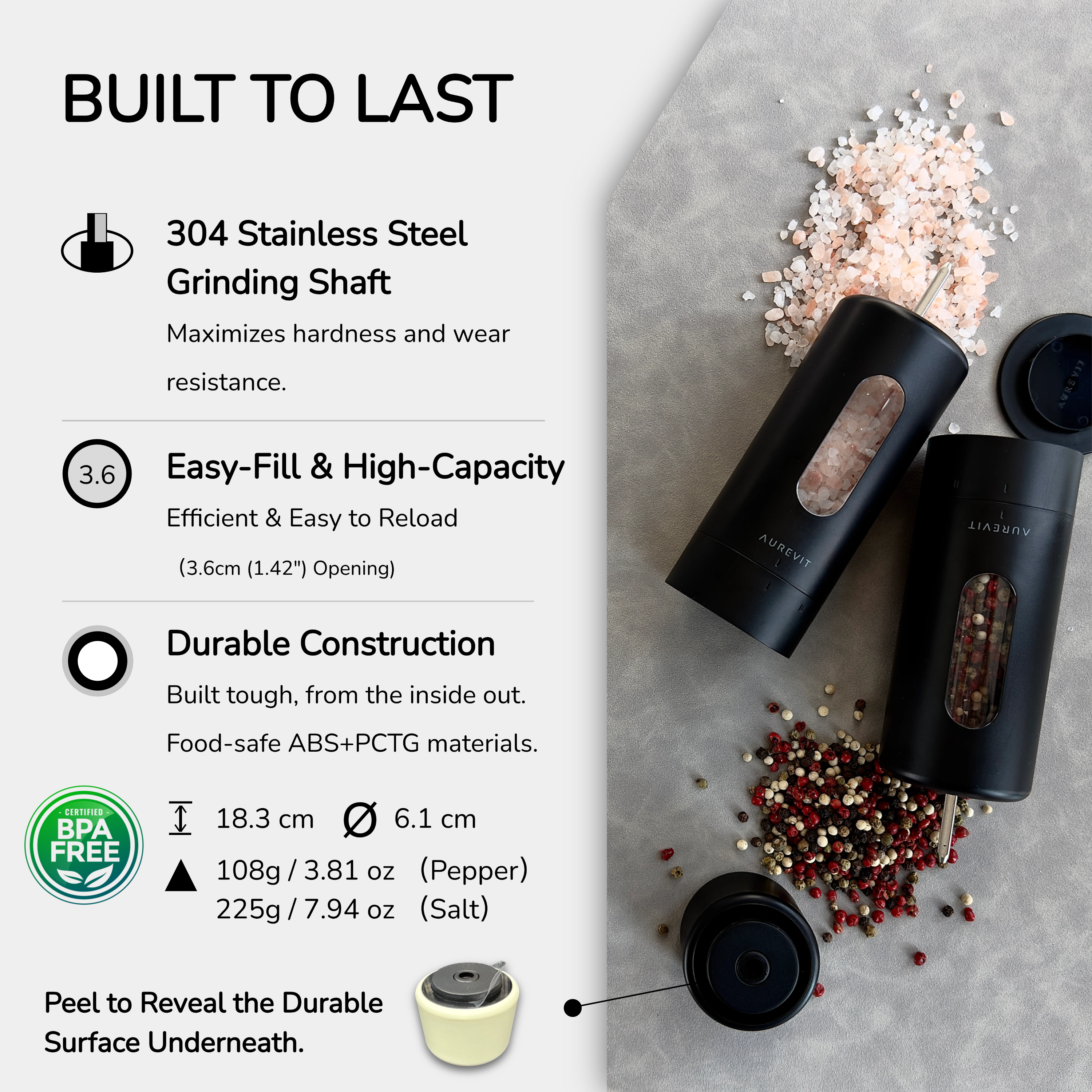 Pureum - Salt And Pepper Grinder Set Manual, Ceramic/Stainless Steel Core