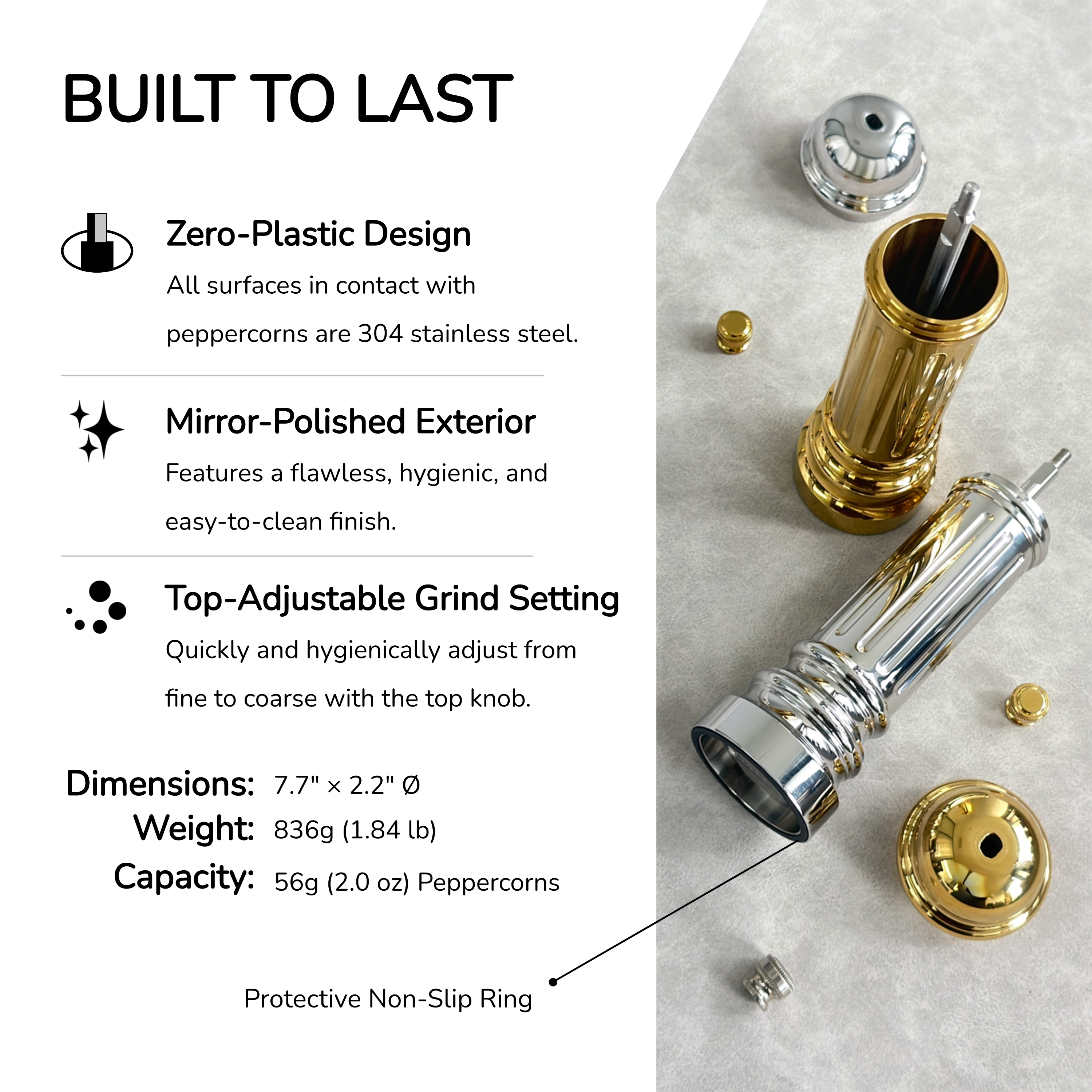 Inoxium - Metal Pepper Grinder with Stainless Steel Core